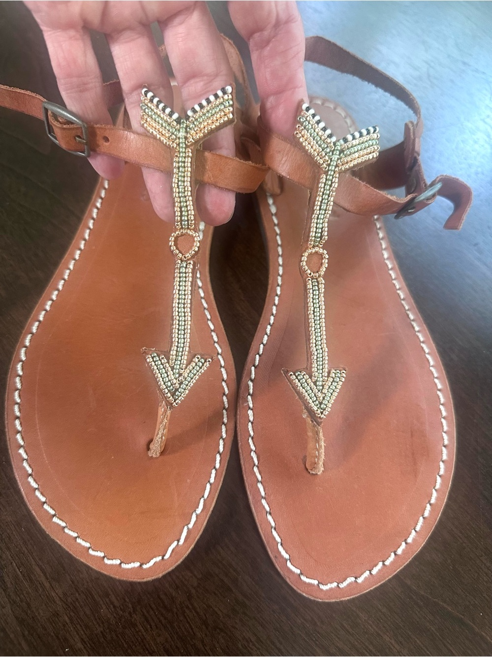 Anthropologie Laidback London Women's Beaded Leather Sandals Brown Green 38 7